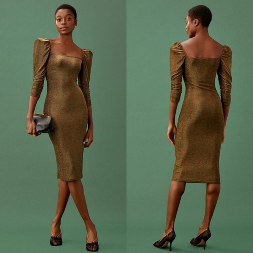 Reformation Rahm Ruched Puff Sleeve Midi Dress in Bronze Sparkle - Size: XL